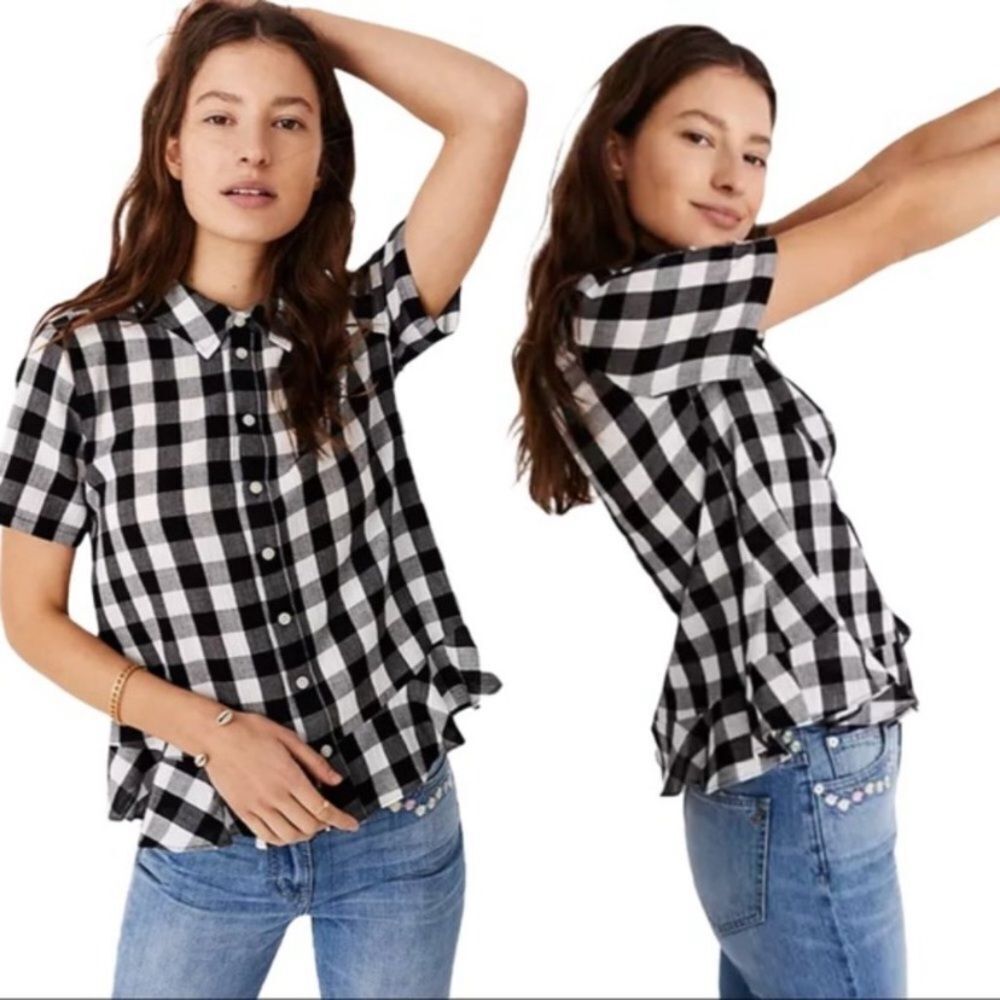 NWT Madewell Peplum Button-Down Shirt inGingham black and white XS